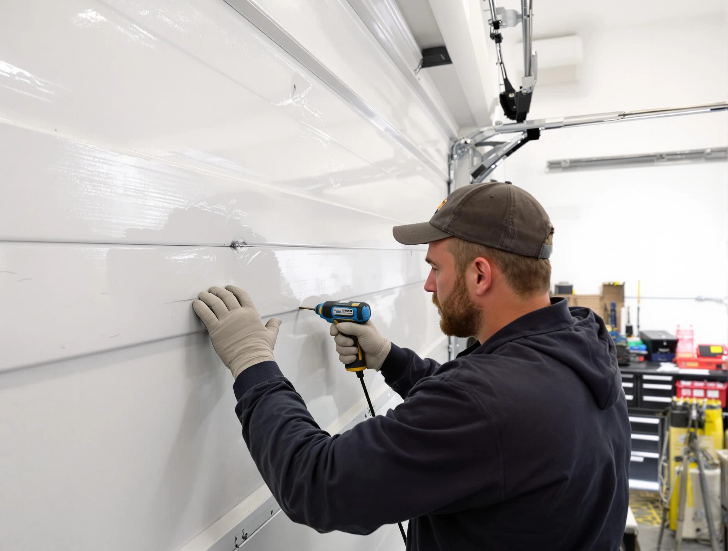 Sun City West Garage Door Repair technician demonstrating precision dent removal techniques on a Sun City West garage door